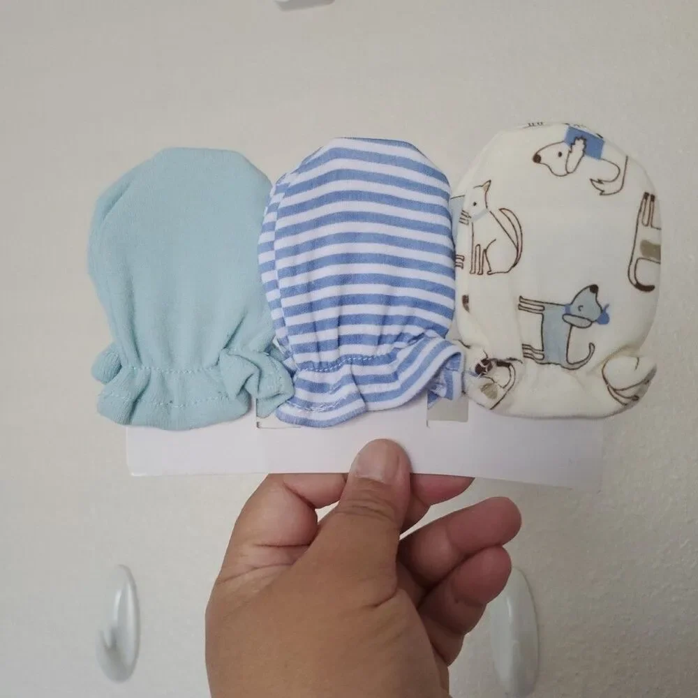 Boy’s Newborn Child Mittens, 3 pack Doggie Stripes and Solid Cream Blue Green